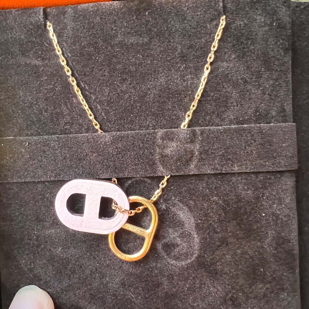 Authentic Hermes O’Maillon rose Sakura leather pendant gold color